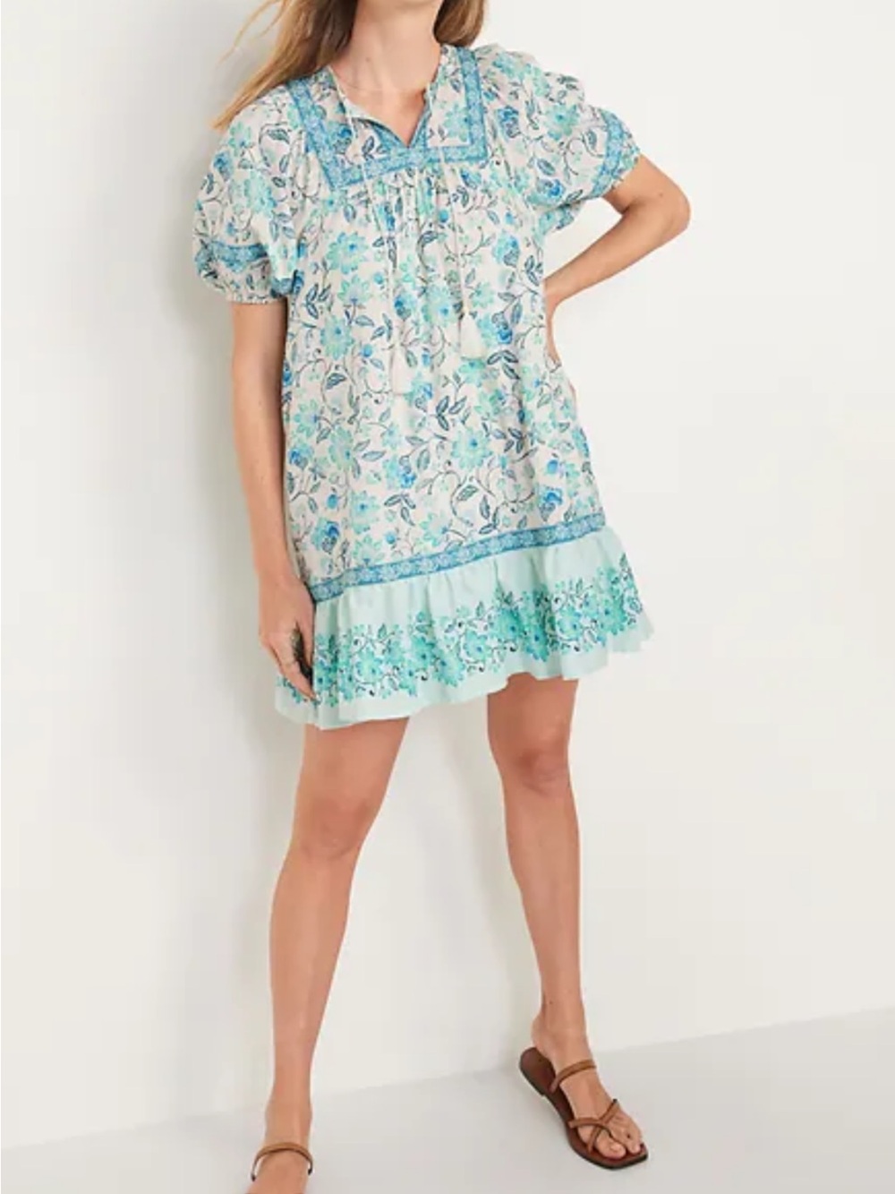 Old Navy Aqua Blue Floral Puff-Sleeve Midi Dress